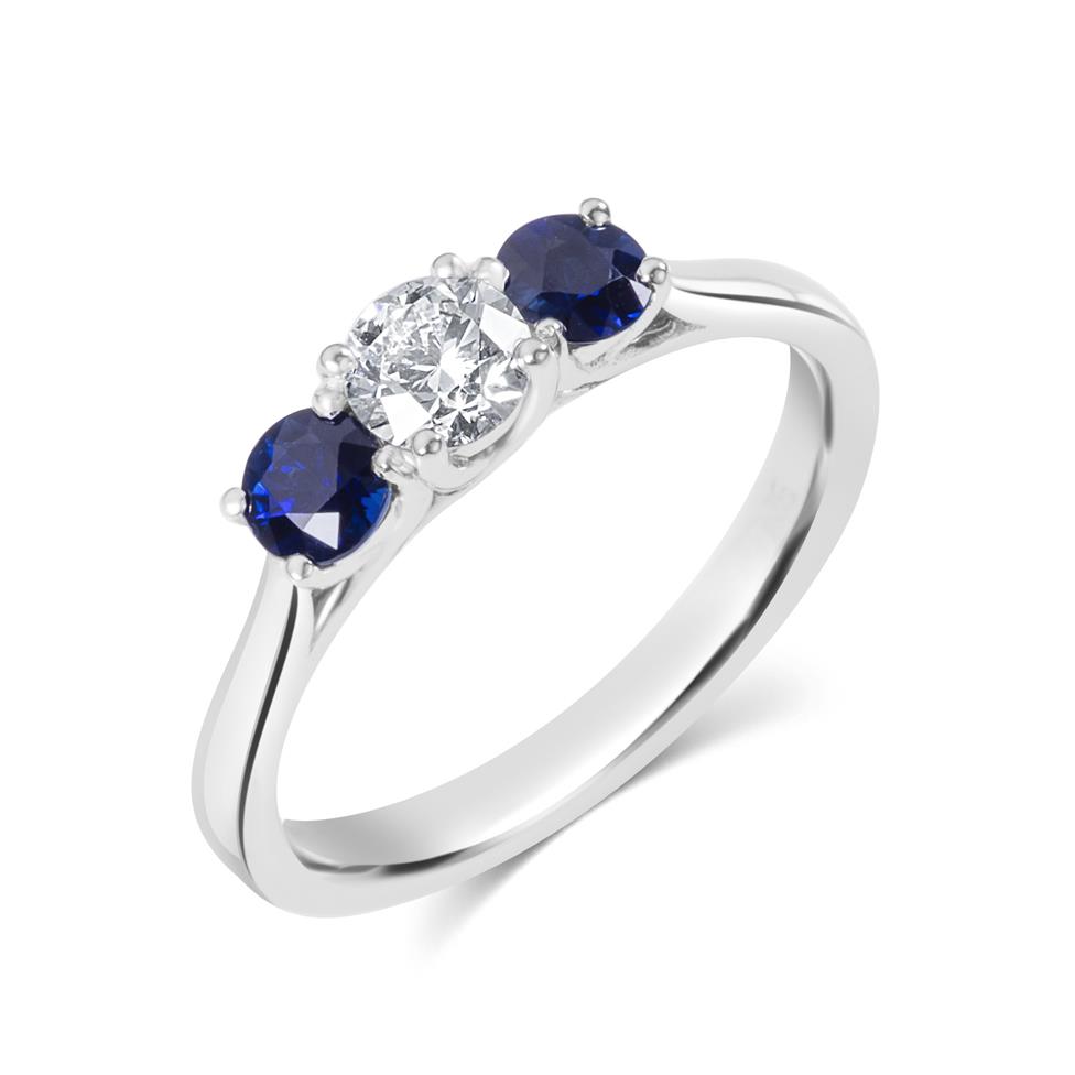 Platinum Diamond and Sapphire Three Stone Engagement Ring Thumbnail Image 0