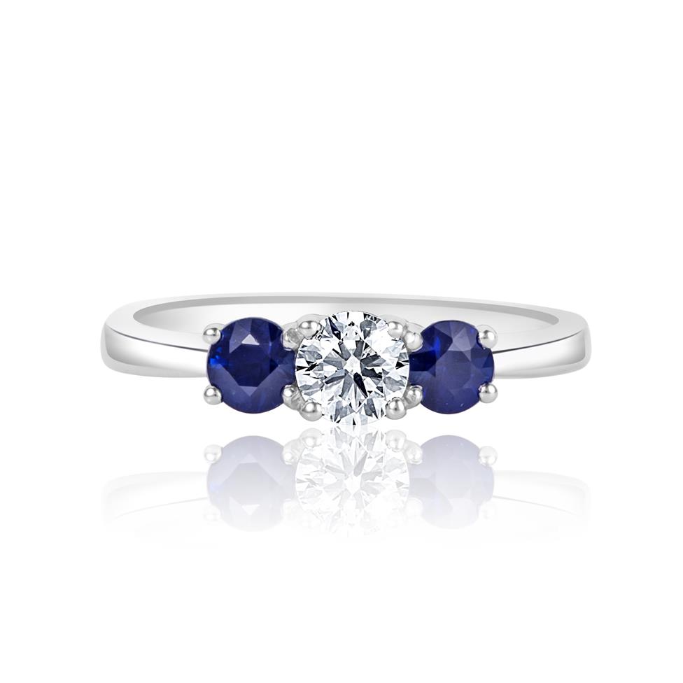 Platinum Diamond and Sapphire Three Stone Engagement Ring Thumbnail Image 1