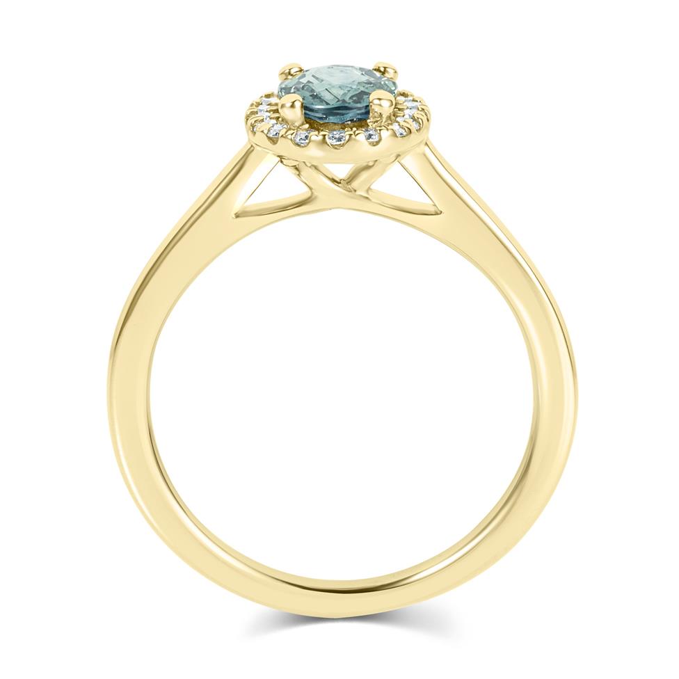 18ct Yellow Gold Oval Teal Sapphire and Diamond Halo Engagement Ring Thumbnail Image 2