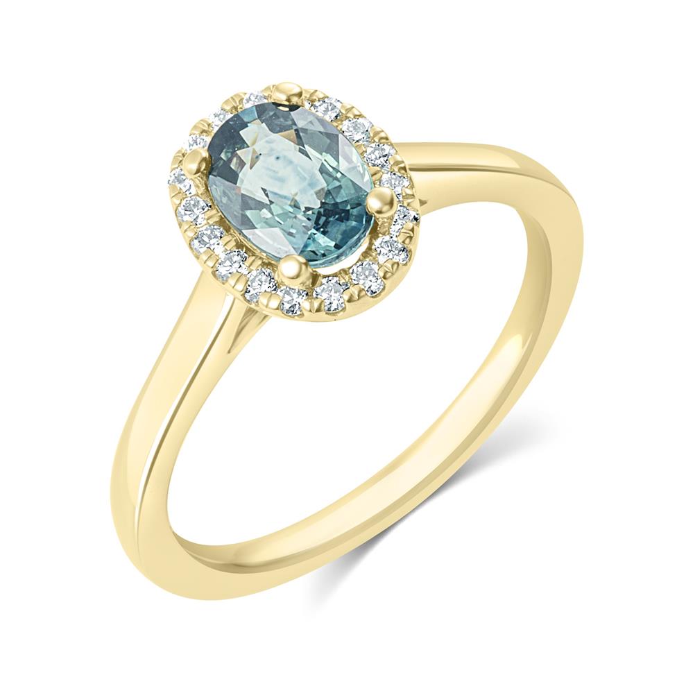 18ct Yellow Gold Oval Teal Sapphire and Diamond Halo Engagement Ring Thumbnail Image 0