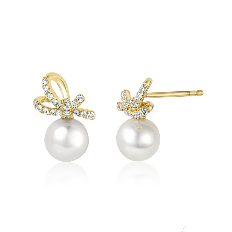 Isla 18ct Yellow Gold Bow Design Pearl and Diamond Drop Earrings Thumbnail Image 0