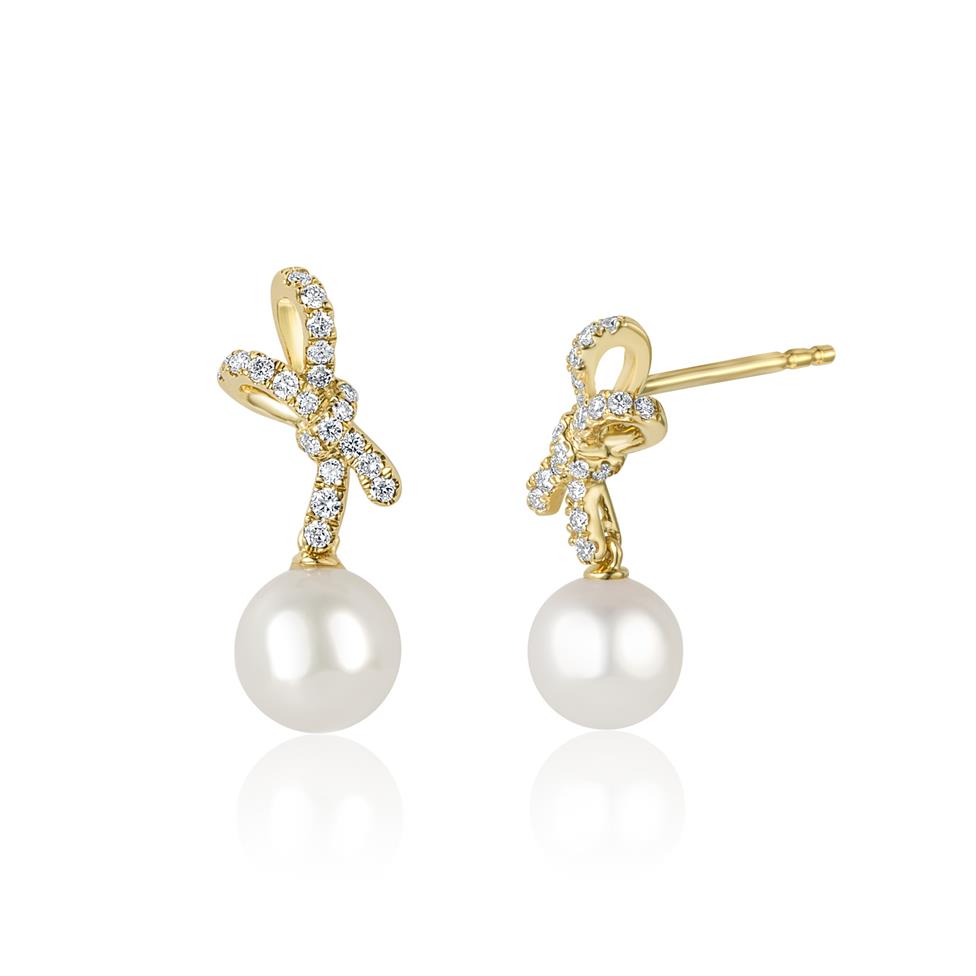 Isla 18ct Yellow Gold Bow Design Pearl and Diamond Stud Earrings Thumbnail Image 0