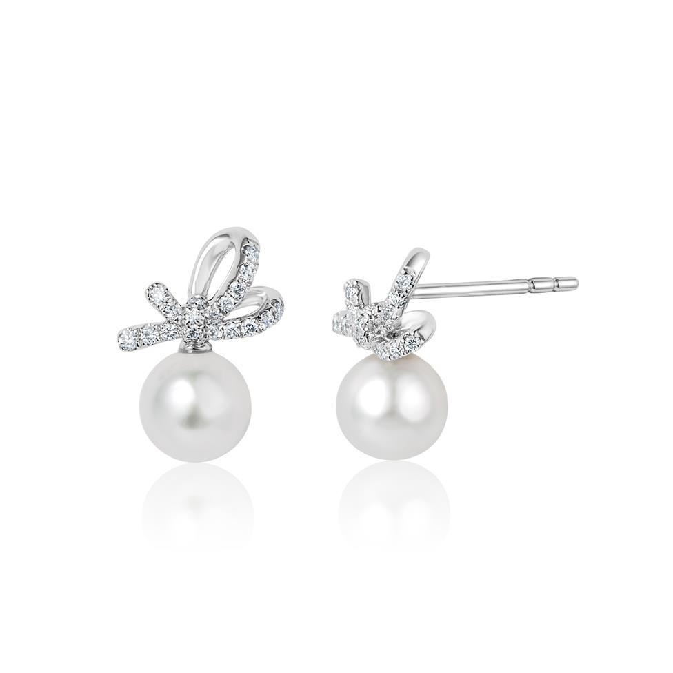 Isla 18ct White Gold Bow Design Pearl and Diamond Drop Earrings Thumbnail Image 0