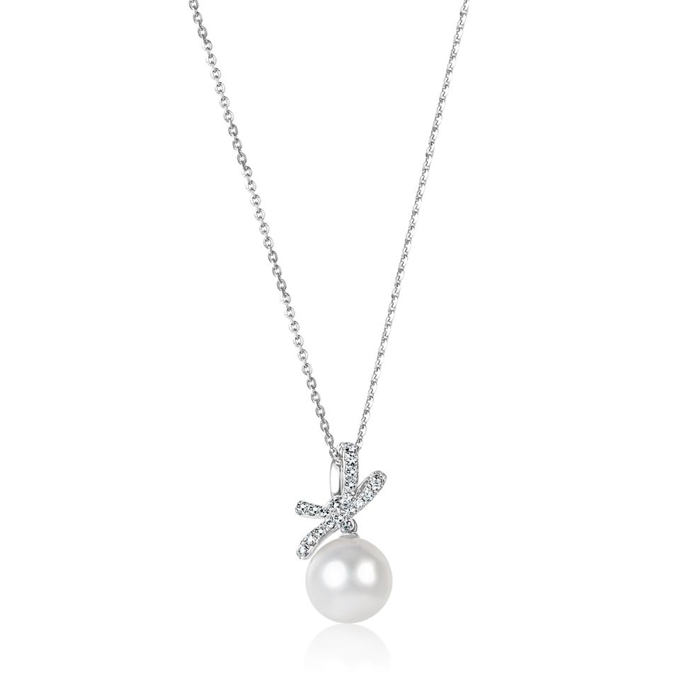 Isla 18ct White Gold Bow Design Pearl and Diamond Drop Pendant Image 1