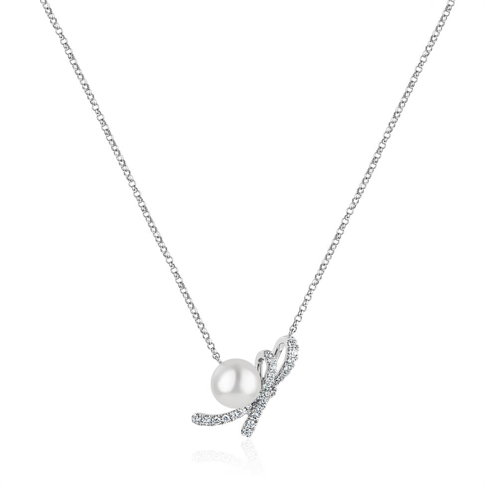 Isla 18ct White Gold Bow Design Pearl and Diamond Necklace Thumbnail Image 0