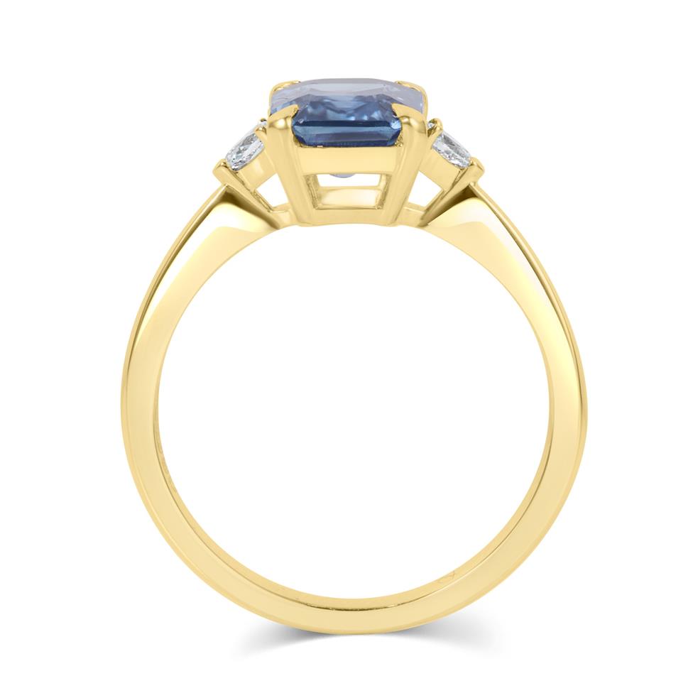 18ct Yellow Gold Light Blue Sapphire and Diamond Three Stone Engagement Ring Thumbnail Image 3