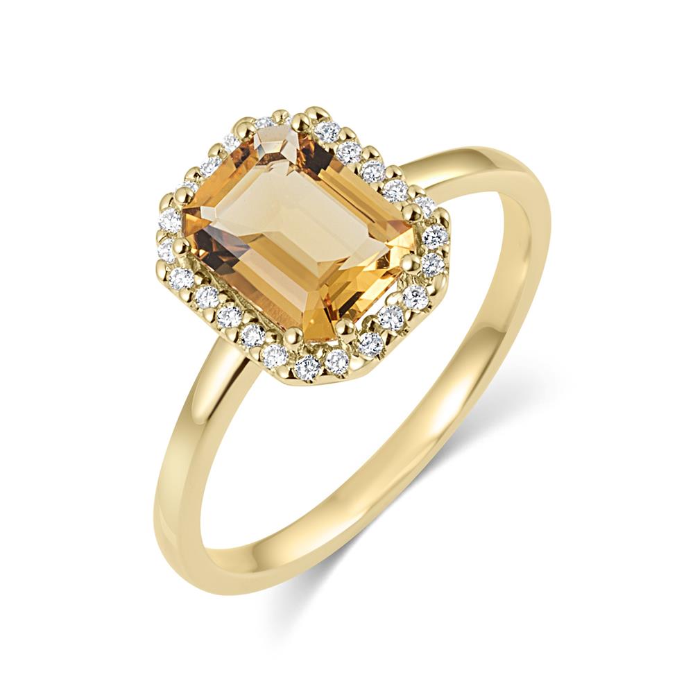 18ct Yellow Gold Emerald Cut Citrine and Diamond Halo Dress Ring Thumbnail Image 0