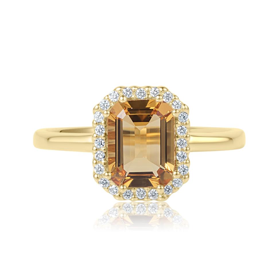 18ct Yellow Gold Emerald Cut Citrine and Diamond Halo Dress Ring Thumbnail Image 2