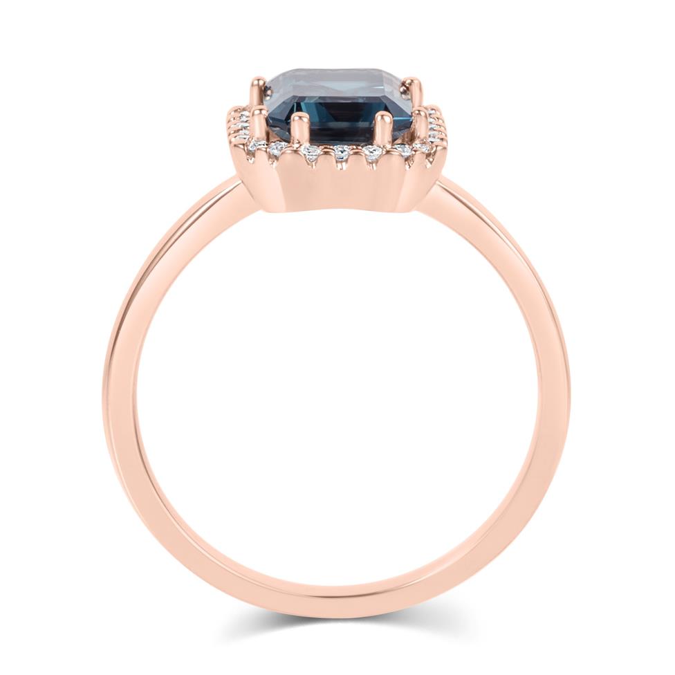 18ct Rose Gold Emerald Cut London Blue Topaz and Diamond Halo Dress Ring Thumbnail Image 3