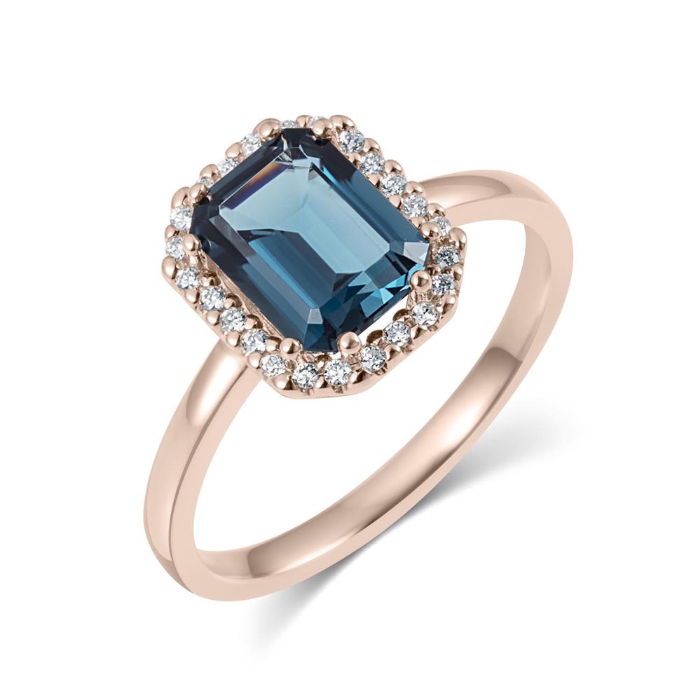 18ct Rose Gold Emerald Cut London Blue Topaz and Diamond Halo Dress Ring Thumbnail Image 0