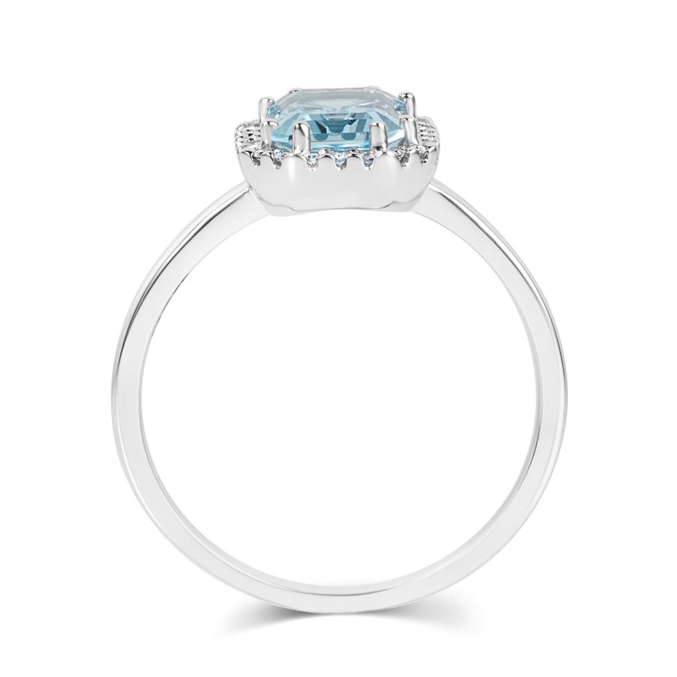 18ct White Gold Emerald Cut Blue Topaz and Diamond Halo Dress Ring Thumbnail Image 4