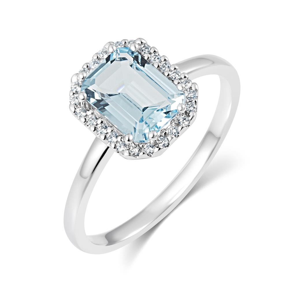 18ct White Gold Emerald Cut Blue Topaz and Diamond Halo Dress Ring Thumbnail Image 0
