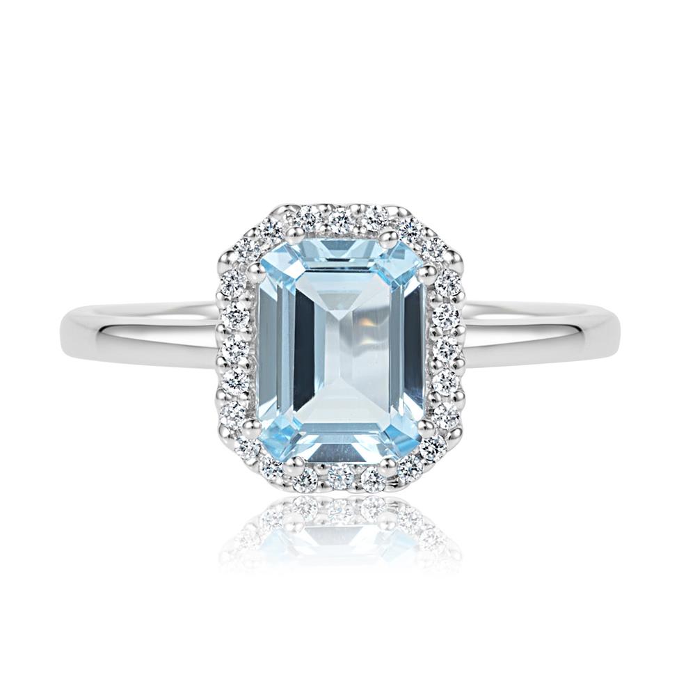 18ct White Gold Emerald Cut Blue Topaz and Diamond Halo Dress Ring Thumbnail Image 3