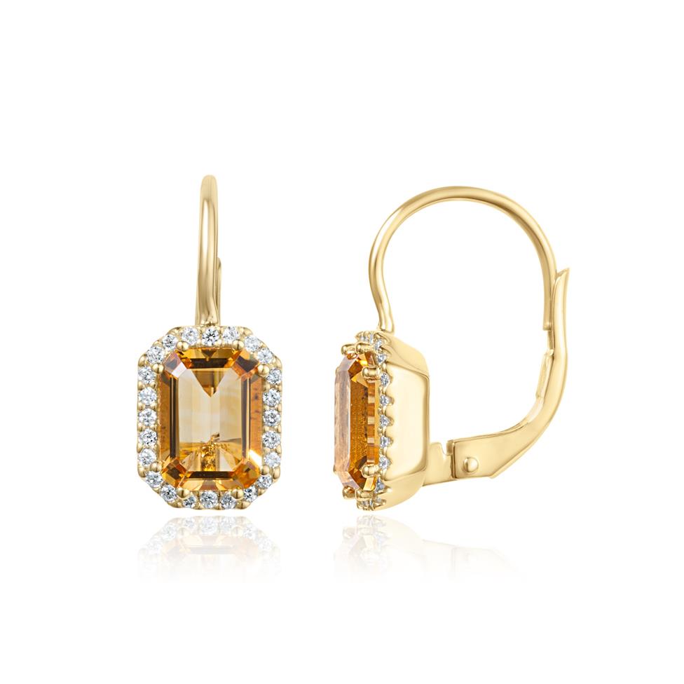18ct Yellow Gold Emerald Cut Citrine and Diamond Halo Drop Earrings Thumbnail Image 0