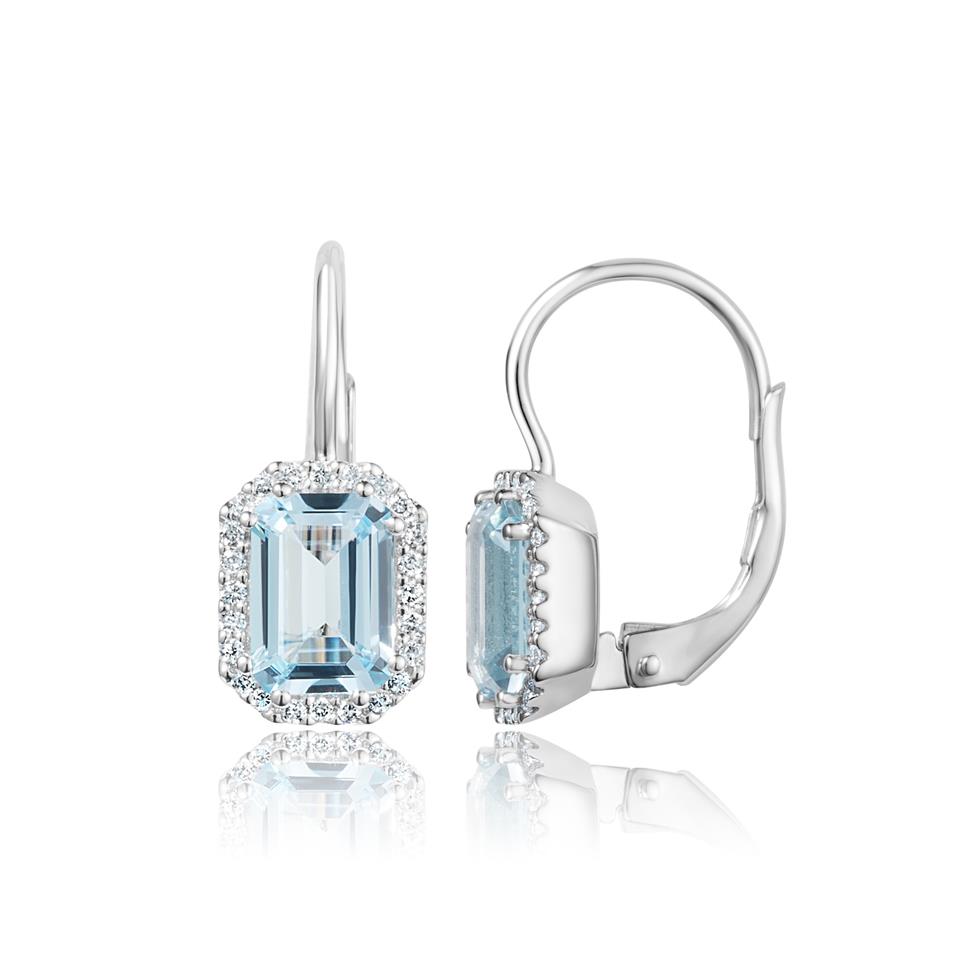 18ct White Gold Emerald Cut Blue Topaz and Diamond Halo Drop Earrings Thumbnail Image 0