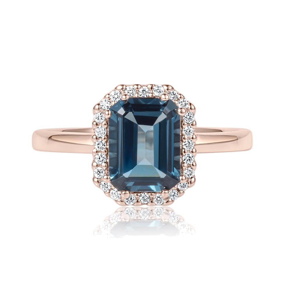 18ct Rose Gold Emerald Cut London Blue Topaz and Diamond Halo Dress Ring Thumbnail Image 2