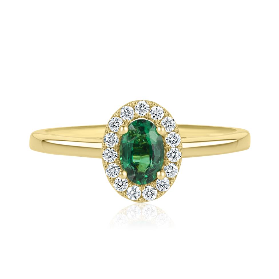18ct Yellow Gold Oval Emerald and Diamond Halo Engagement Ring
 Thumbnail Image 2