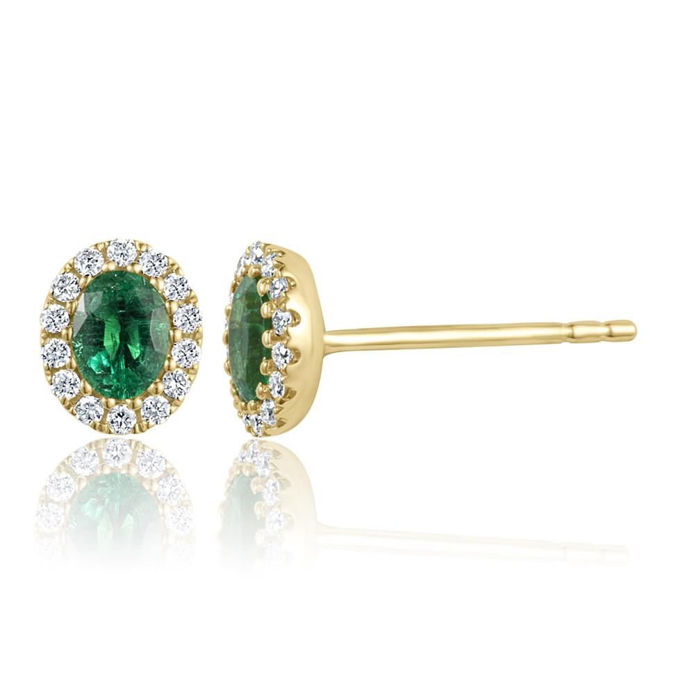 Camellia 18ct Yellow Gold Emerald and Diamond Oval Halo Earrings
 Image 1