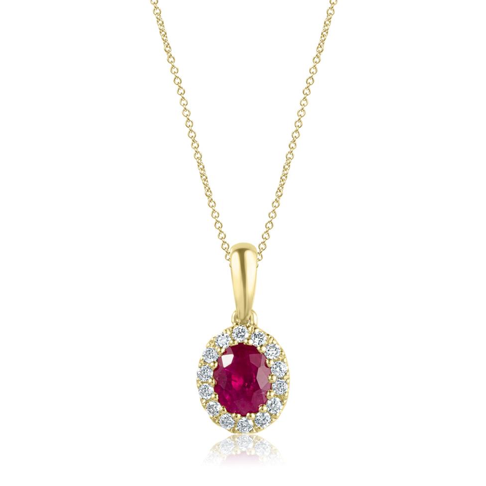 Camellia 18ct Yellow Gold Ruby and Diamond Oval Halo Pendant
 Image 1
