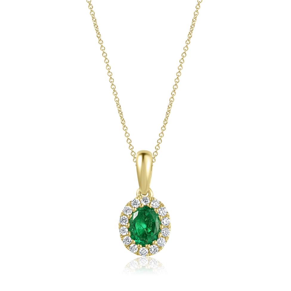 Camellia 18ct Yellow Gold Emerald and Diamond Oval Halo Pendant
 Thumbnail Image 0