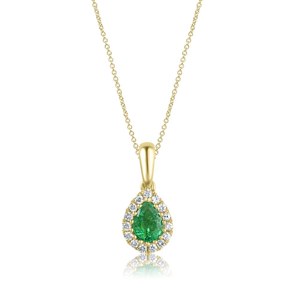 Camellia 18ct Yellow Gold Emerald and Diamond Teardrop Halo Pendant
 Thumbnail Image 0