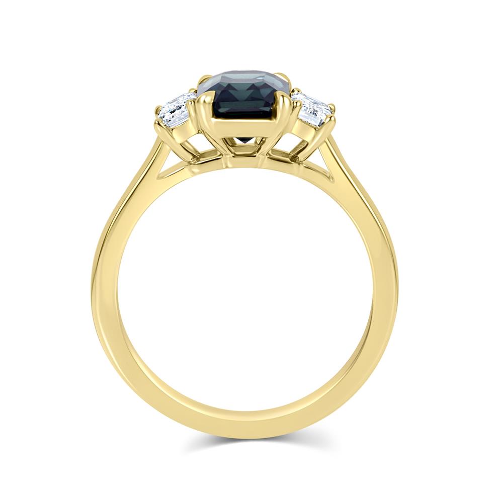 18ct Yellow Gold Dark Teal Emerald Cut Sapphire and Diamond Three Stone Engagement Ring
 Thumbnail Image 3