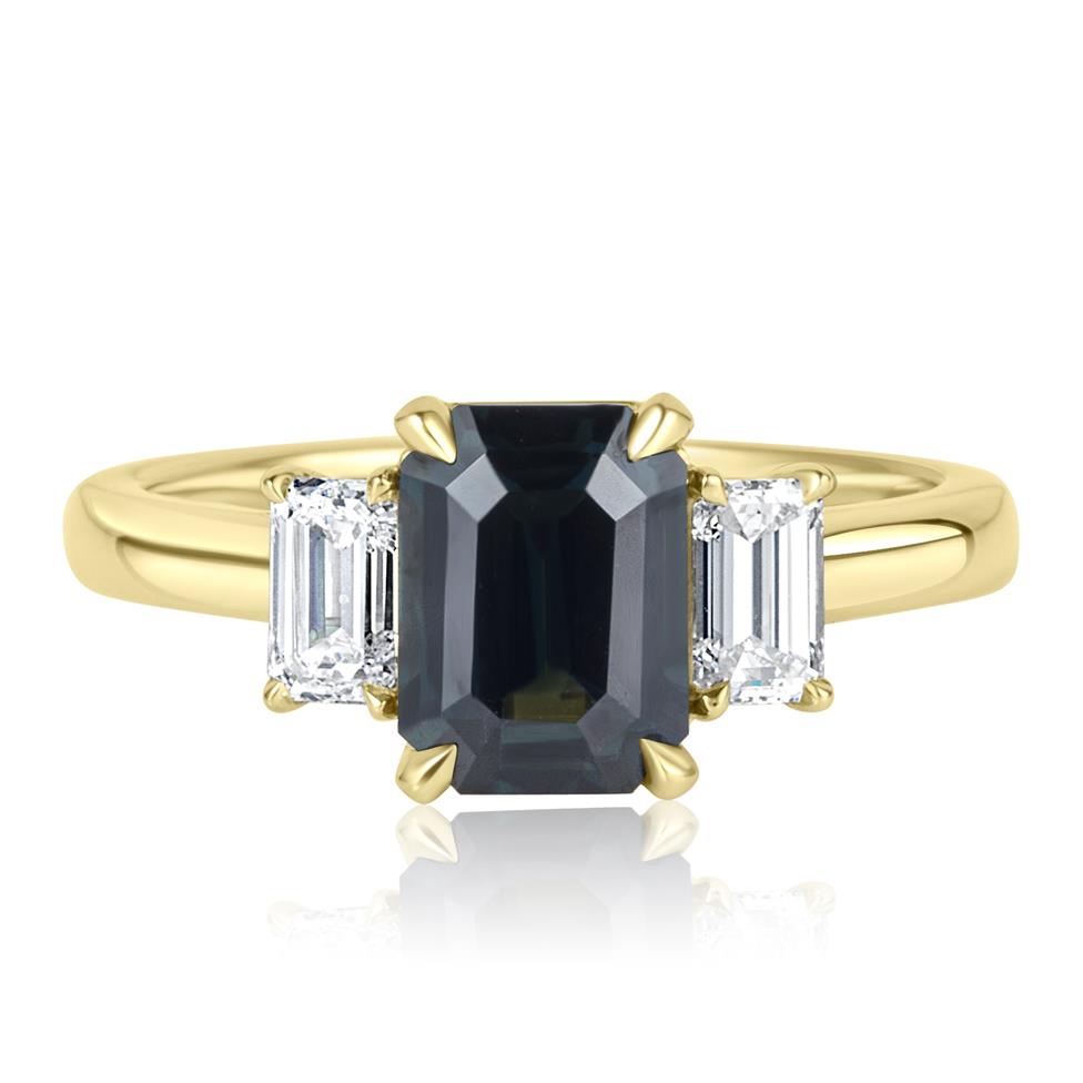 18ct Yellow Gold Dark Teal Emerald Cut Sapphire and Diamond Three Stone Engagement Ring
 Thumbnail Image 2