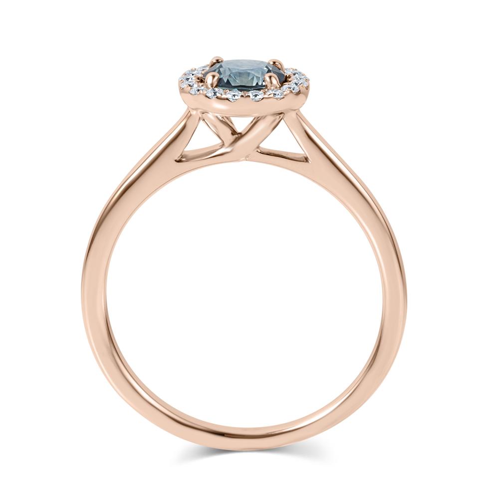 18ct Rose Gold Round Teal Sapphire and Diamond Halo Engagement Ring Thumbnail Image 2