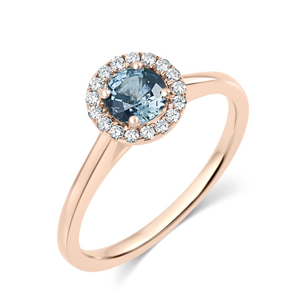 18ct Rose Gold Round Teal Sapphire and Diamond Halo Engagement Ring Thumbnail Image 0