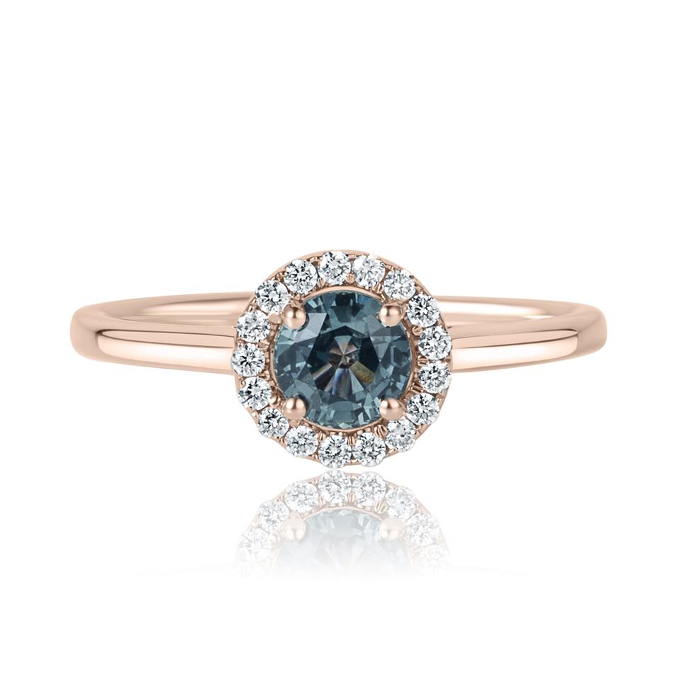 18ct Rose Gold Round Teal Sapphire and Diamond Halo Engagement Ring Thumbnail Image 1