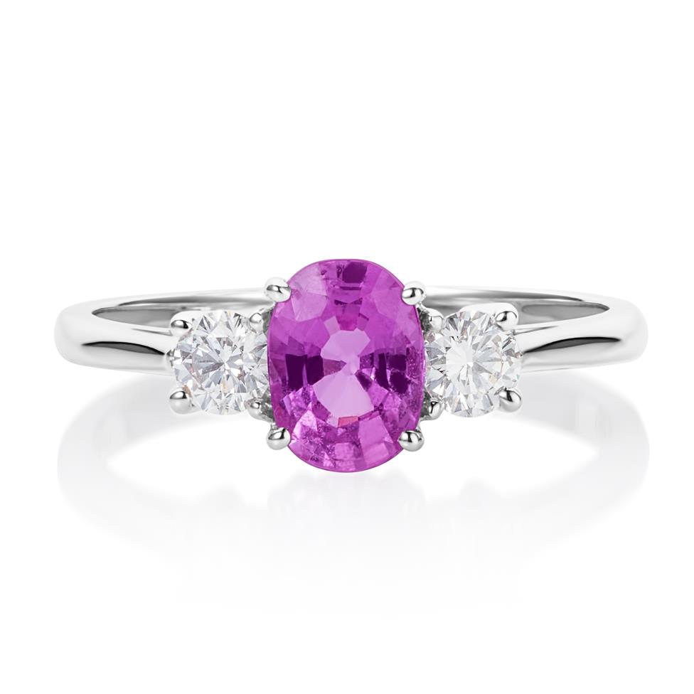 18ct White Gold Pink Sapphire and Diamond Three Stone Dress Ring Thumbnail Image 1
