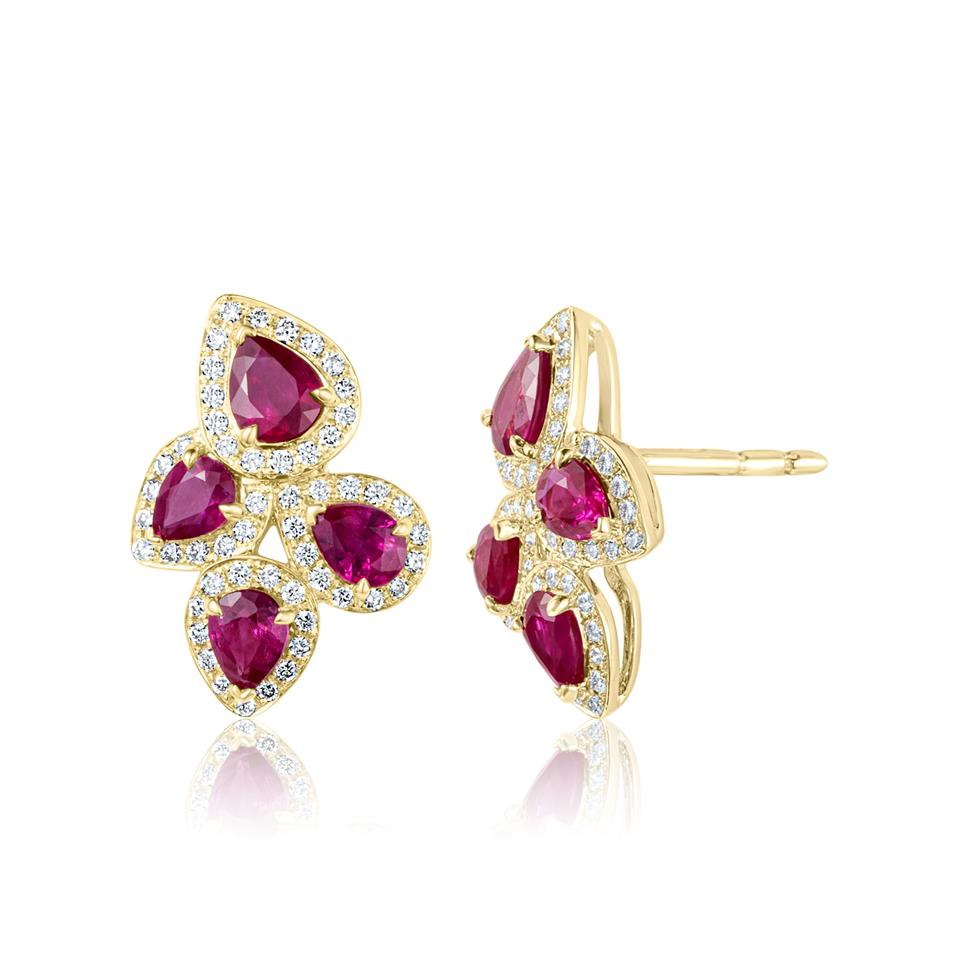Oriana 18ct Yellow Gold Petal Cluster Ruby and Diamond Stud Earrings Thumbnail Image 0