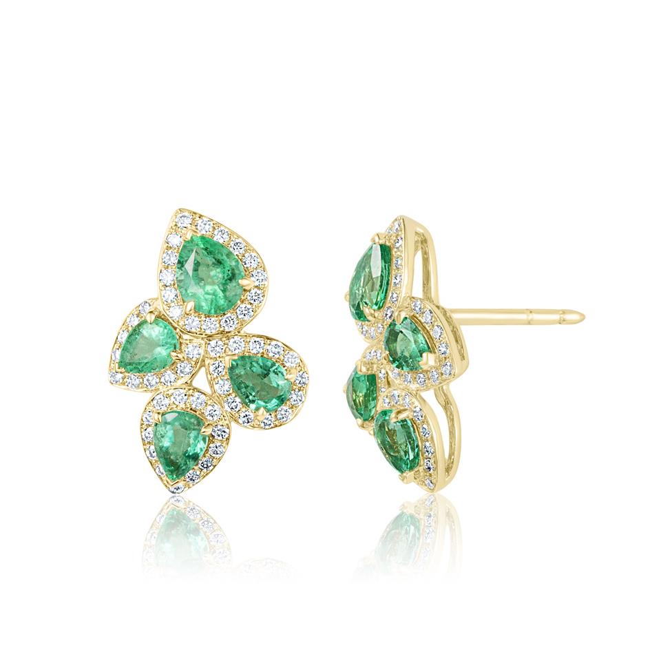 Oriana 18ct Yellow Gold Petal Cluster Emerald and Diamond Stud Earrings Thumbnail Image 0