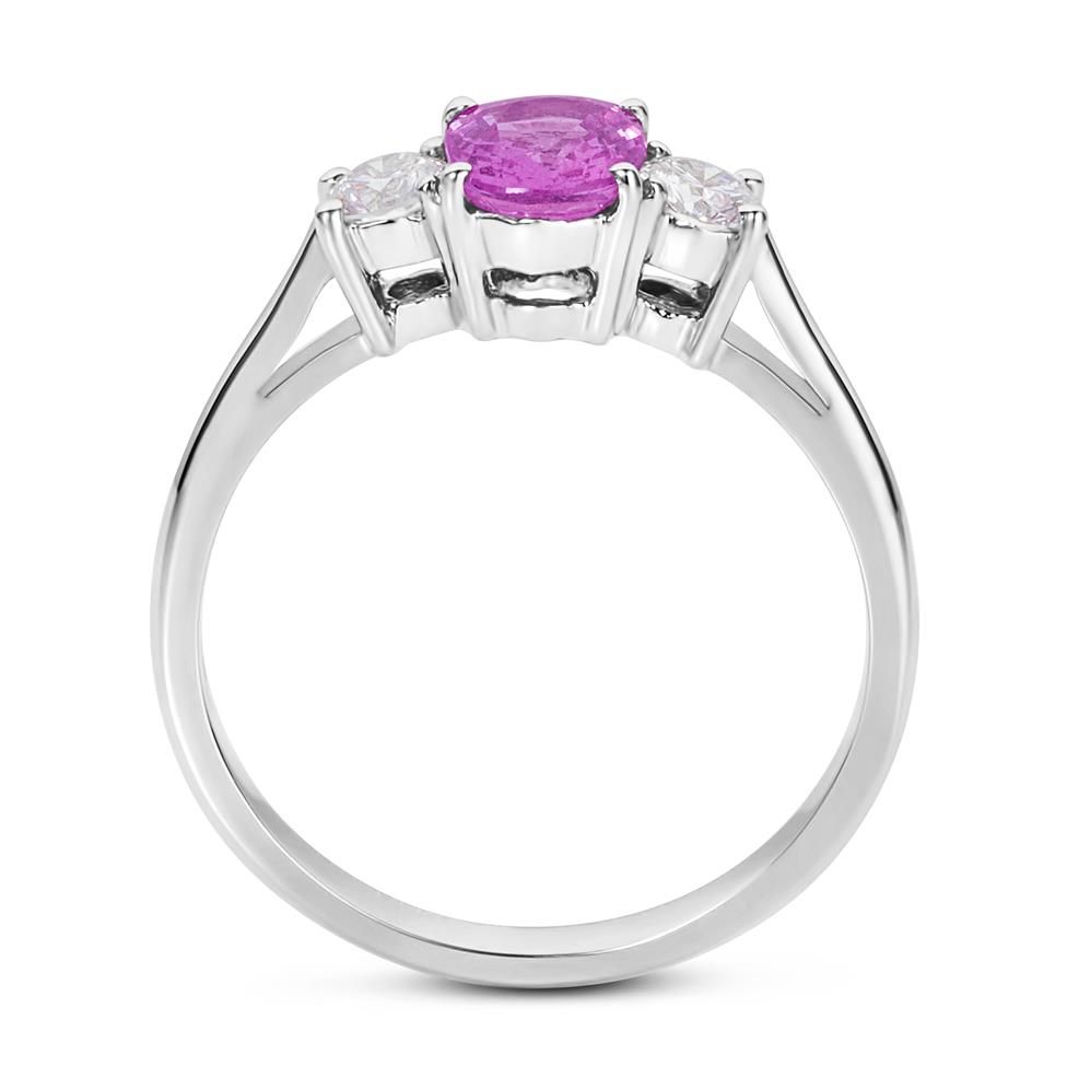 18ct White Gold Pink Sapphire and Diamond Three Stone Dress Ring Thumbnail Image 2