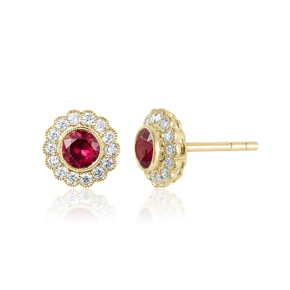 18ct Yellow Gold Ruby and Diamond Cluster Stud Earrings Thumbnail Image 0