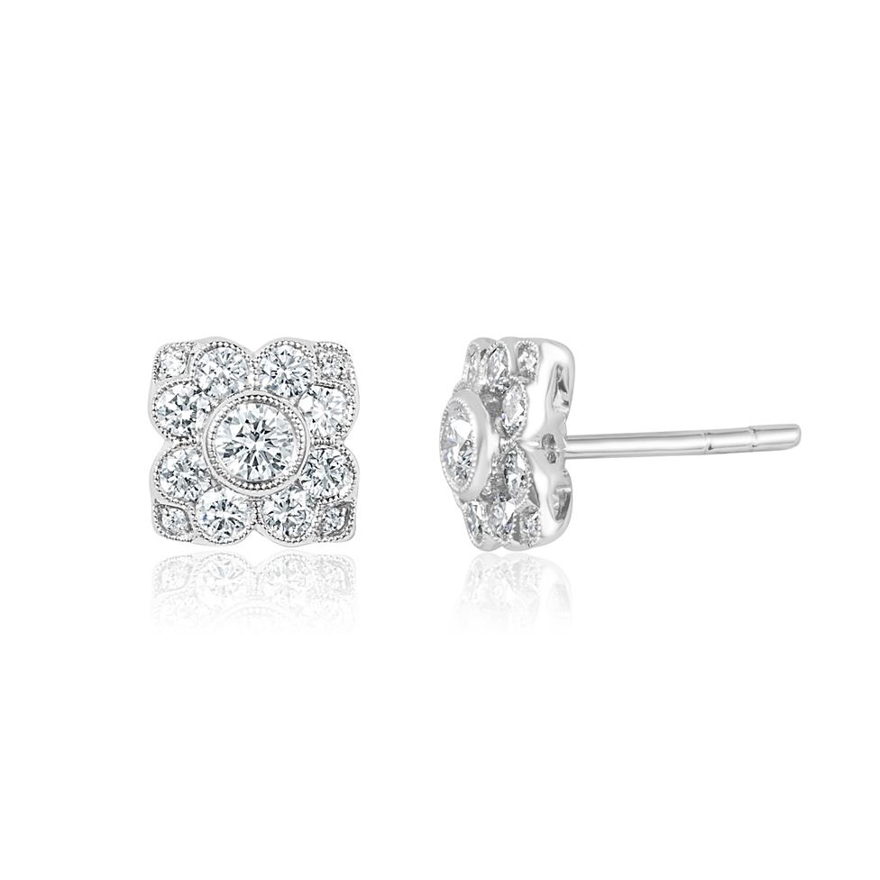 18ct White Gold Vintage Style Diamond Cluster Stud Earrings Thumbnail Image 0