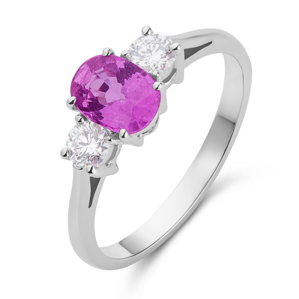 18ct White Gold Pink Sapphire and Diamond Three Stone Dress Ring Thumbnail Image 0