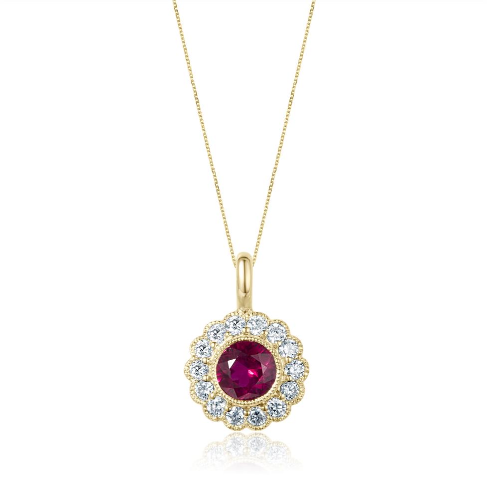 18ct Yellow Gold Ruby and Diamond Cluster Pendant Thumbnail Image 0