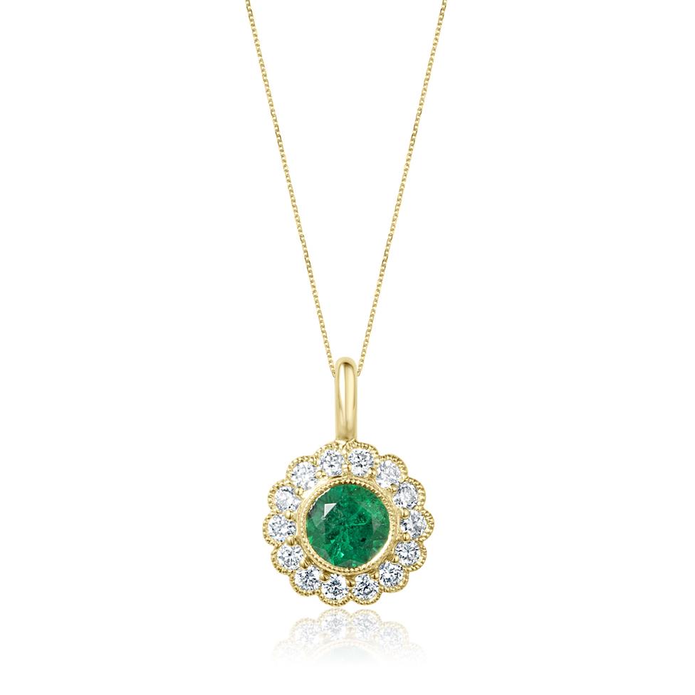 18ct Yellow Gold Emerald and Diamond Cluster Pendant Thumbnail Image 0