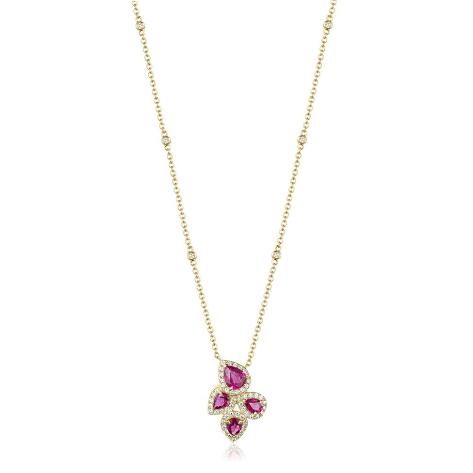 Oriana 18ct Yellow Gold Petal Cluster Ruby and Diamond Halo Necklace Image 1