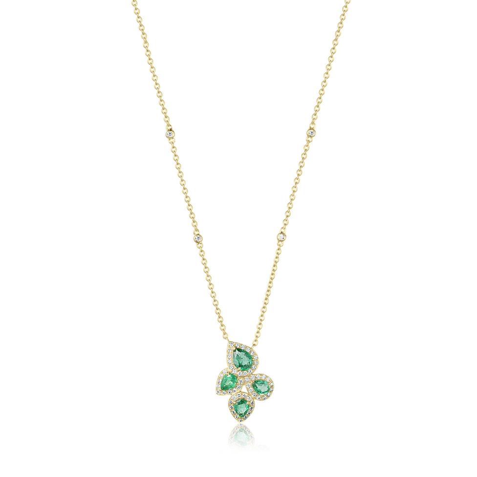 Oriana 18ct Yellow Gold Petal Cluster Emerald and Diamond Necklace Thumbnail Image 0