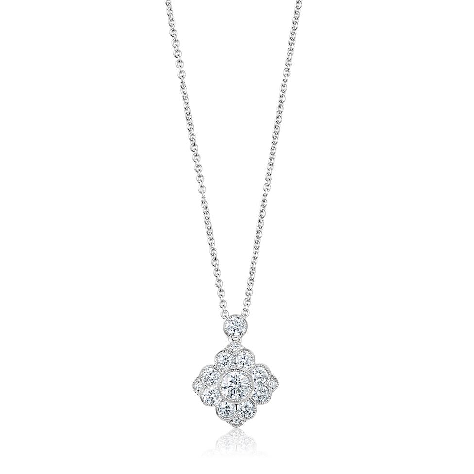 18ct White Gold Vintage Style Diamond Cluster Necklace Thumbnail Image 0