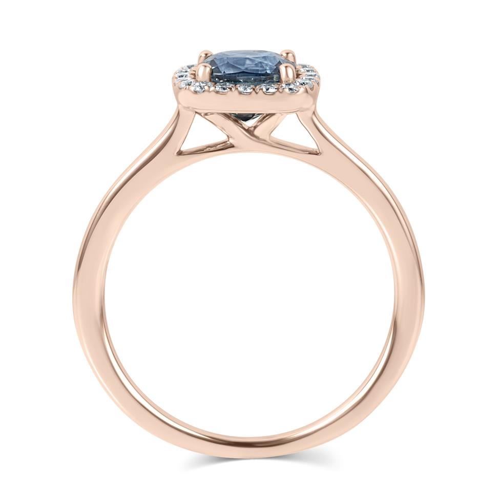 18ct Rose Gold Cushion Cut Teal Sapphire and Diamond Halo Engagement Ring Thumbnail Image 2