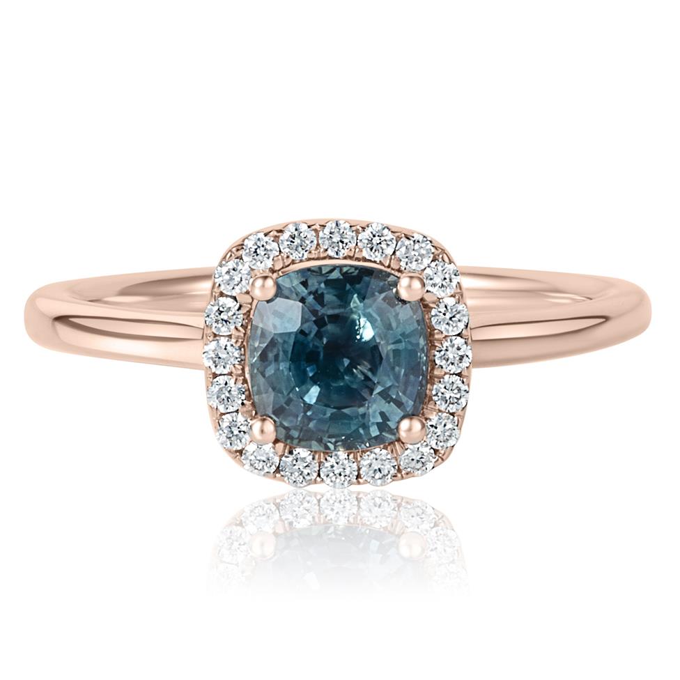 18ct Rose Gold Cushion Cut Teal Sapphire and Diamond Halo Engagement Ring Thumbnail Image 1