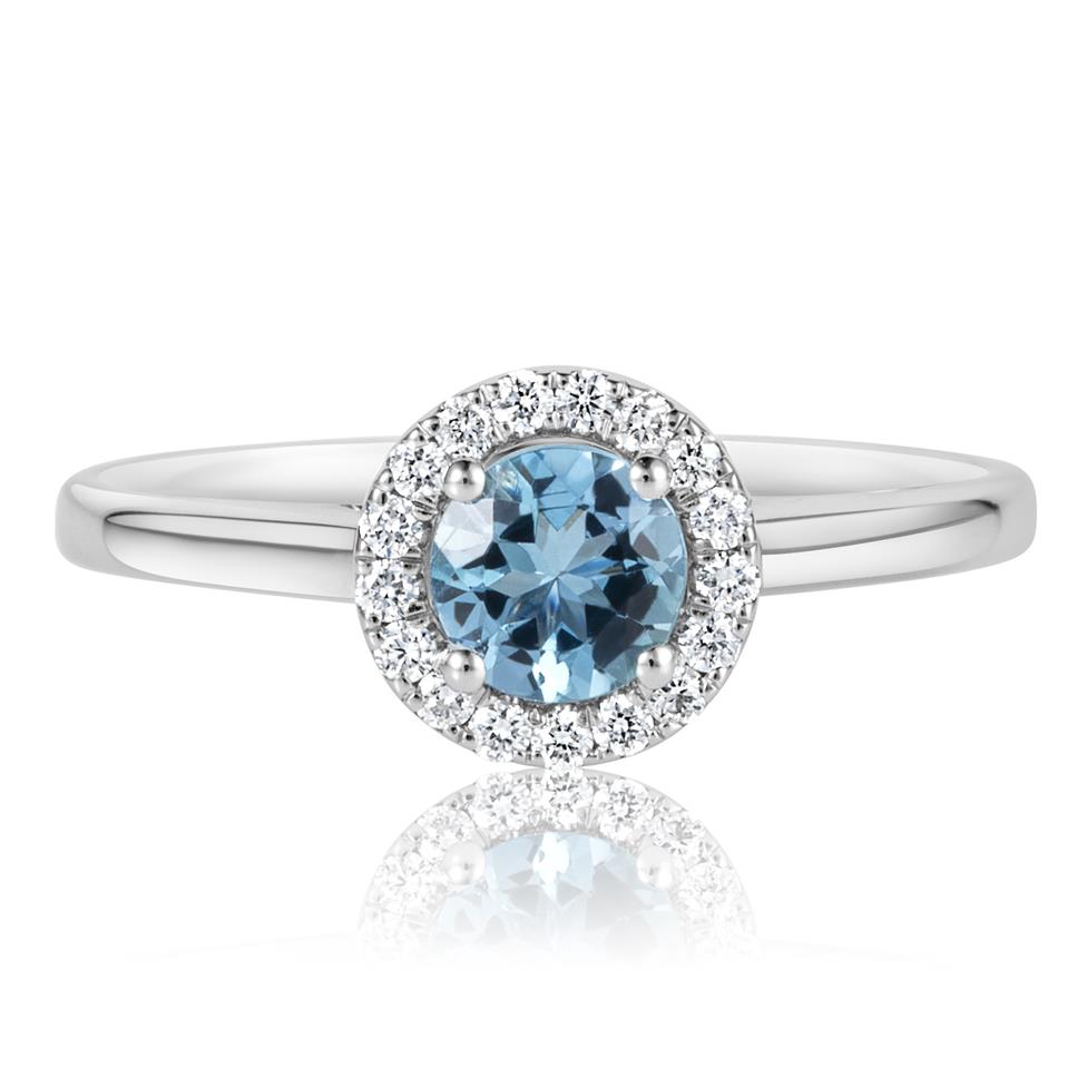 Platinum Aquamarine and Diamond Halo Dress Ring Thumbnail Image 1