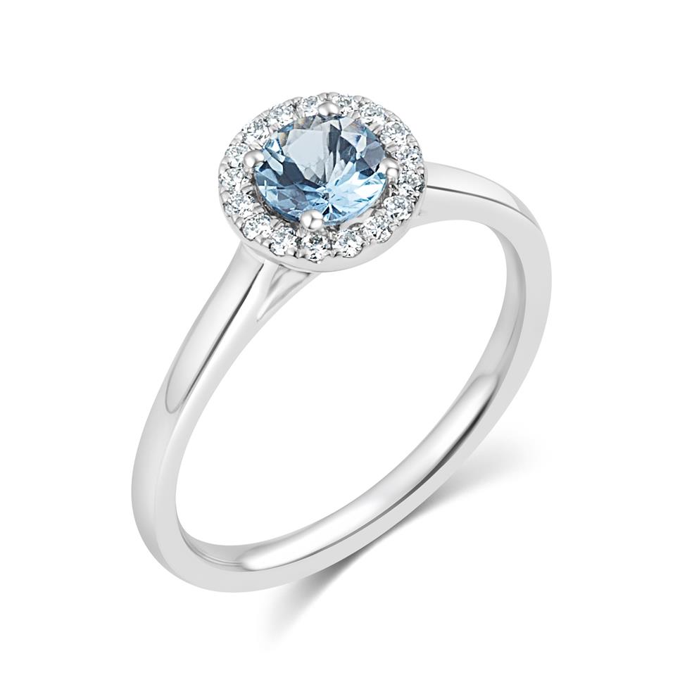 Platinum Aquamarine and Diamond Halo Dress Ring Thumbnail Image 0