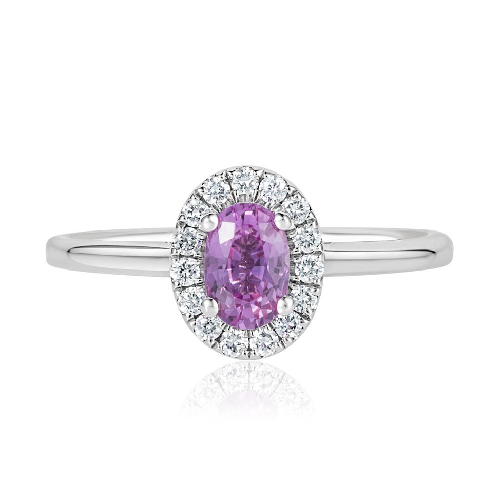 18ct White Gold Pink Sapphire and Diamond Halo Engagement Ring Thumbnail Image 1