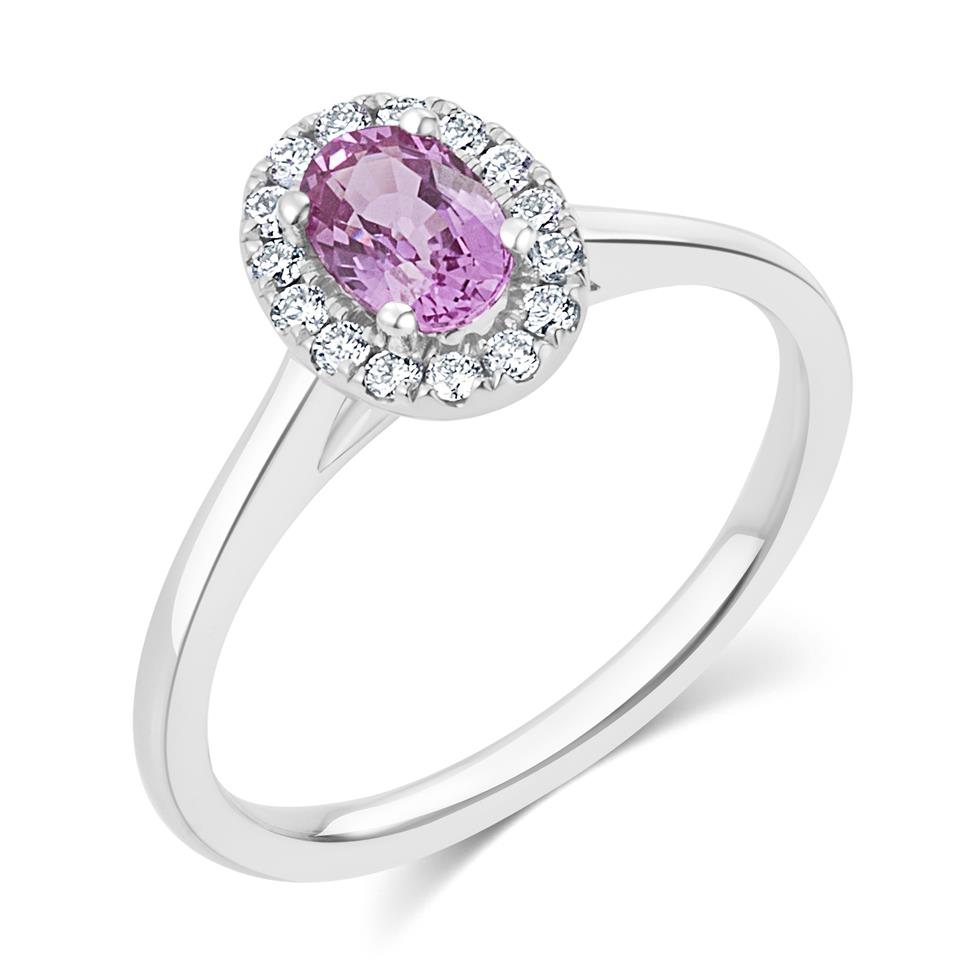 18ct White Gold Pink Sapphire and Diamond Halo Engagement Ring Thumbnail Image 0