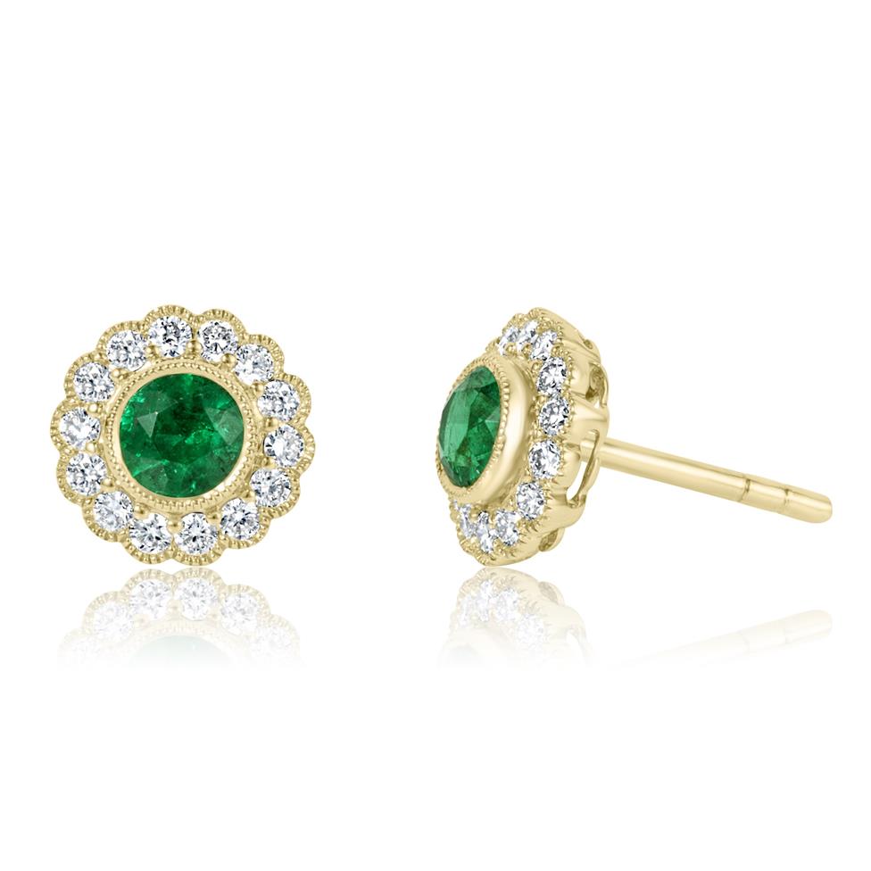 18ct Yellow Gold Emerald and Diamond Cluster Stud Earrings Thumbnail Image 0