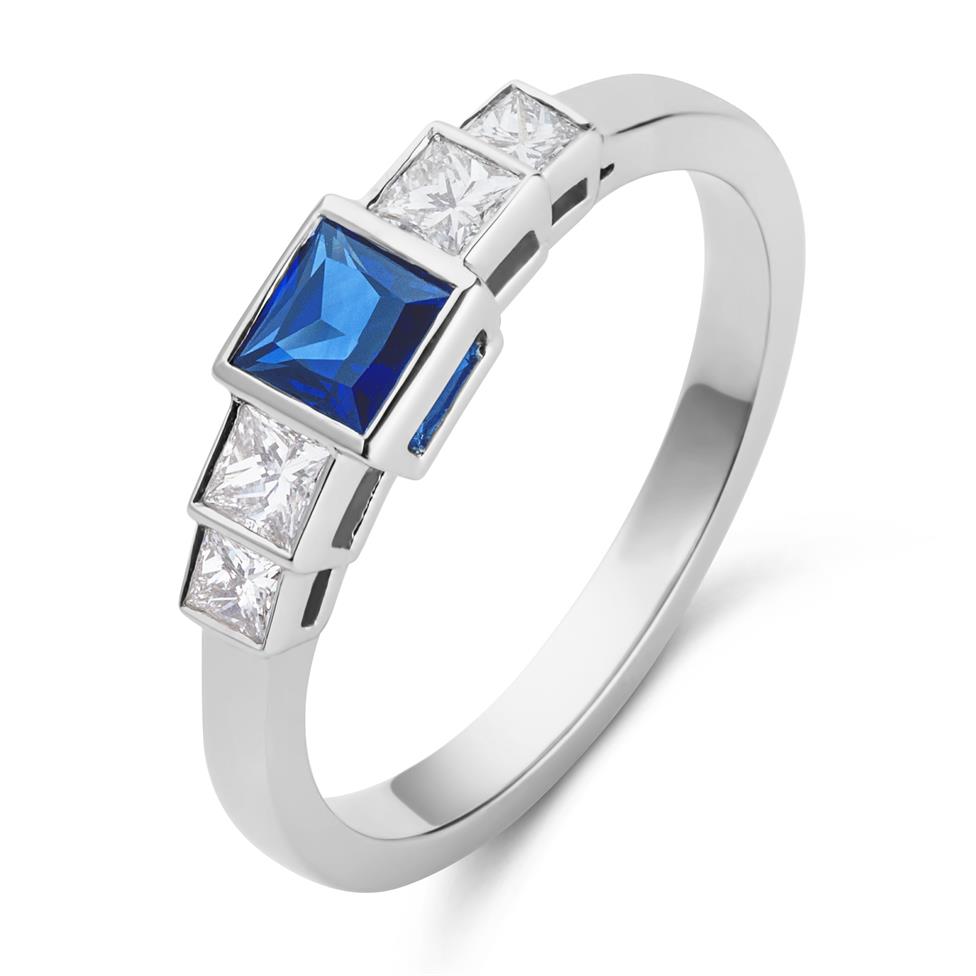 18ct White Gold Princess Cut Sapphire and Diamond Dress Ring Thumbnail Image 0